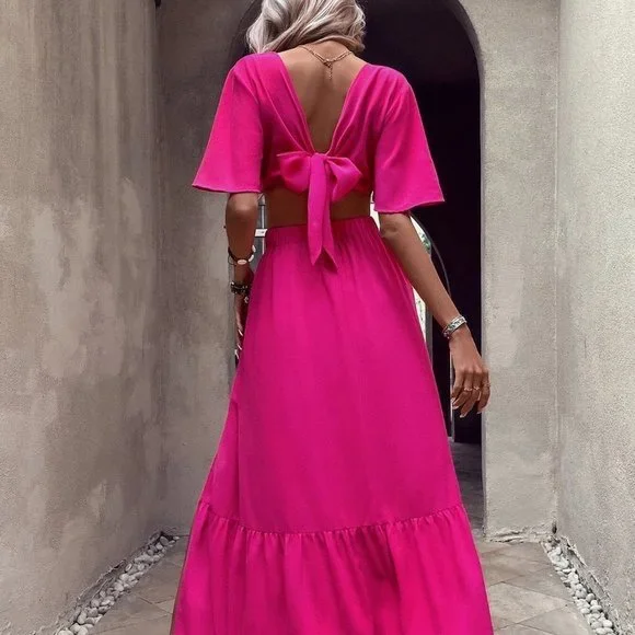 Pink Boho Womens Plunging Neck Tie Backless Ruffle Hem Split High Dress - Picture 3 of 5